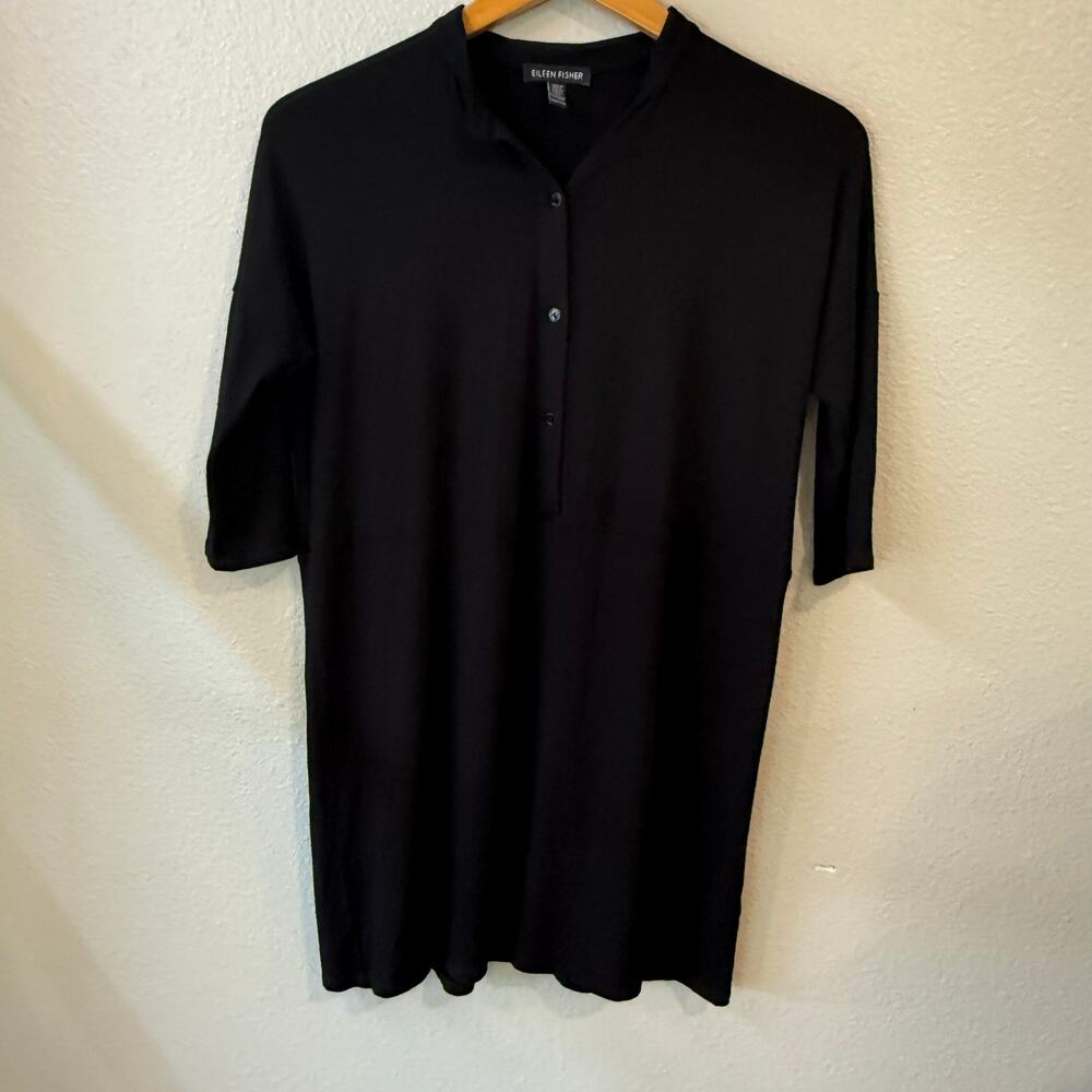 Eileen Fisher Tunic Top Womens XXS Black‎ Viscose Jersey 3/4 Sleeve Button